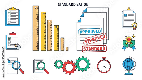 Process Standardization Icon Set, Business Rules and Quality Compliance Symbols, Colorful Vector Icons for Operational Excellence and Lean Management