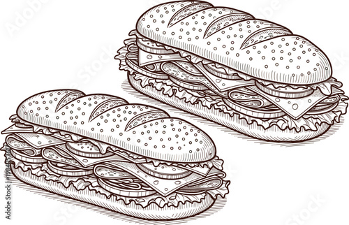 Detailed hand drawn sketch of two delicious submarine sandwiches with meat and fresh vegetables in vintage engraving style.
