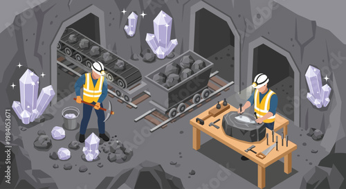 Isometric illustration of miners working in a crystal cave, extracting precious gems and minerals using tools and machinery.
