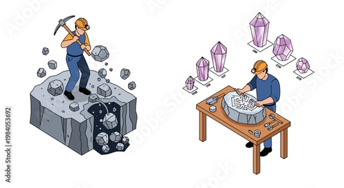 Miner extracting raw stone from a quarry and a craftsman carving crystals into artistic shapes.