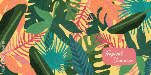 Tropical background, leaf banner with summer text. Exotic design featuring jungle vegetation and palm leaves. Botanical illustration suitable for wallpapers, sales promotions, and prints.