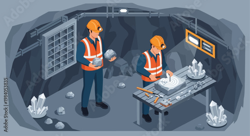 Miners in a cave examining crystals and minerals, with mining equipment and storage racks visible.