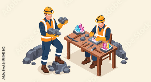 Two miners in hard hats and safety vests are working in a mine, one holding rocks and the other examining crystals on a table.