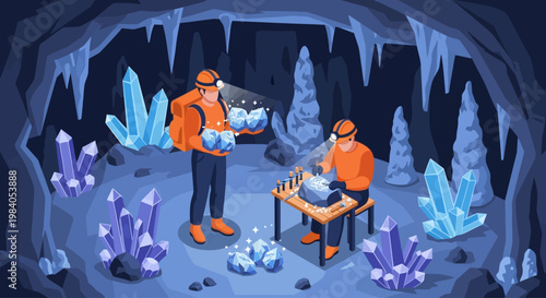 Two miners in a cave filled with large crystals, one holding a backpack full of gems and the other examining a specimen on a table.