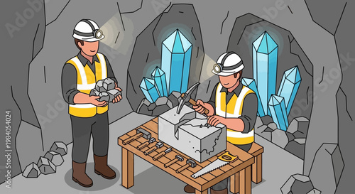 Miners in a cave meticulously carving a large crystal sculpture with tools, surrounded by glowing blue crystals and rock formations.