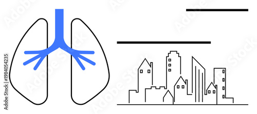 Health awareness, pollution, environmental protection, urbanization, sustainability, climate change. Outline of lungs and city buildings. Health awareness and pollution concept