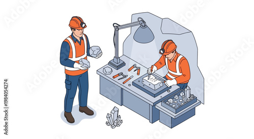 Two workers in hard hats and safety vests are engaged in a metal casting process at a workbench with tools and molds.