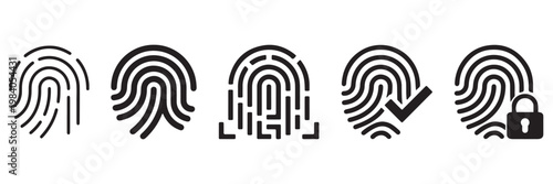 Set of black line cybersecurity icons including a shield, padlock, fingerprint, key, cloud lock, antivirus, and bug symbol for digital data protection and privacy concepts. Fingerprint Concept Icons.