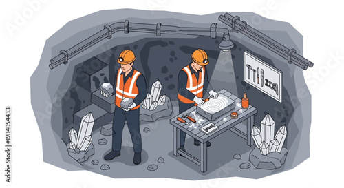 Two miners in hard hats and safety vests work in a crystal-filled mine, examining a large geode on a workbench.