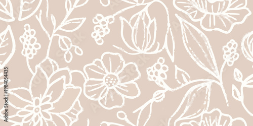 Delicate floral pattern with sketched flowers and botanical elements