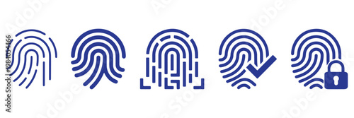 Set of black line cybersecurity icons including a shield, padlock, fingerprint, key, cloud lock, antivirus, and bug symbol for digital data protection and privacy concepts. Fingerprint Concept Icons.