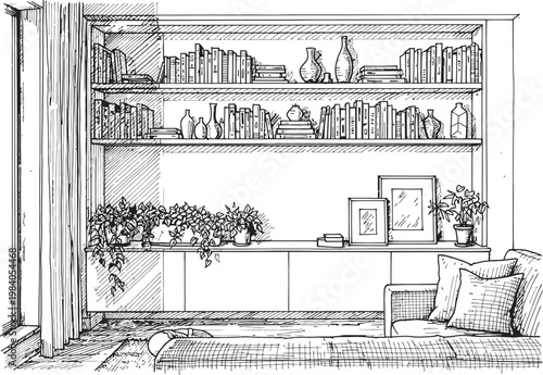 Sketch of a tall bookcase with overflowing shelves and potted plants below