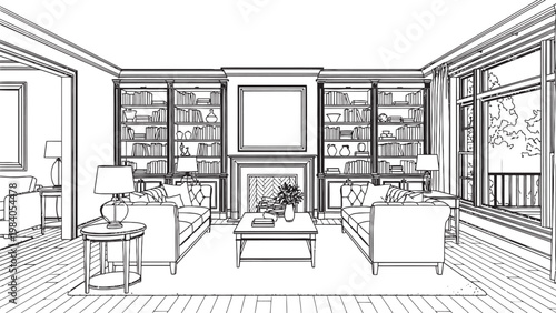 Elegant sketch of a classic living room with built in bookcases and fireplace