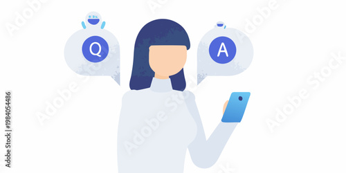 Woman using a smartphone with question and answer bubbles above her head