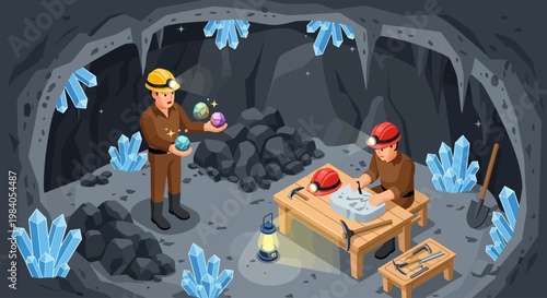Miners in a crystal-filled cave, one examining colorful gems and the other carving stone.