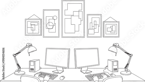 Sketch of a living room interior with a fireplace and modern furniture rendered in a minimalist style