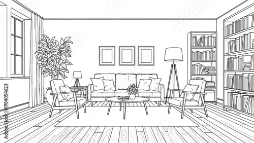 Intricate line drawing of a modern living room interior with detailed furniture and architectural elements