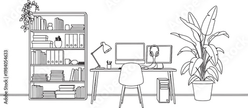 Sketch of a home office setup with bookshelves desk computer and plants