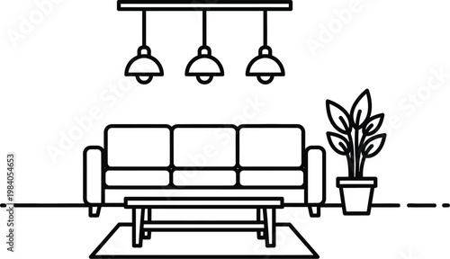 Minimalist living room interior design with a three bulb pendant light and potted plant