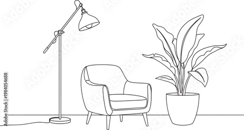 Sketch of a cozy reading nook featuring an armchair floor lamp and a large potted plant minimalist style