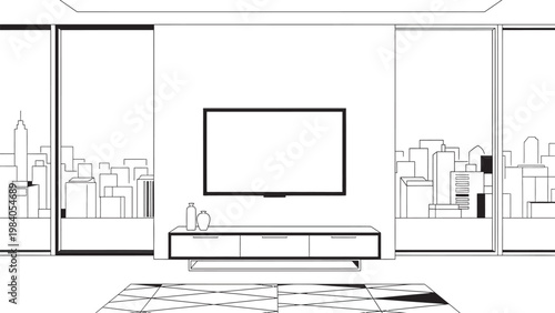 Architectural sketch of a modern living room with minimalist design elements