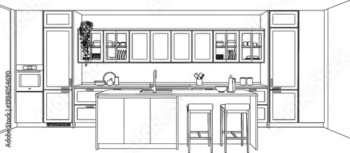 Architectural sketch of a modern kitchen design with island and bar seating