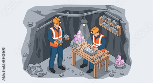 Two miners in a mine shaft carefully examining and sorting precious crystals and rocks on a wooden table under artificial light.