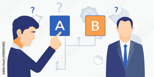 Man choosing between option a and option b a decision process