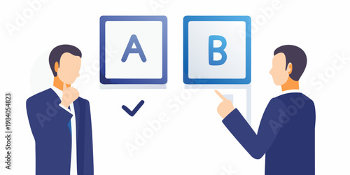 Two businesspeople consider options a and b making a clear choice