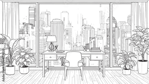 Sketch of a home office overlooking a cityscape featuring a desk chair and potted plants