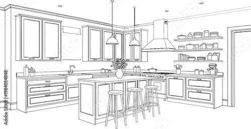 Architectural sketch of a modern kitchen design with island and detailed cabinetry