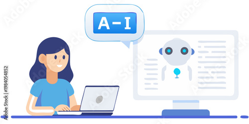 Woman interacting with an ai chatbot displayed on a computer screen