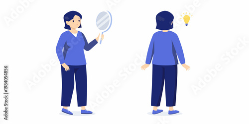 Woman examining herself with a mirror a lightbulb appears behind her