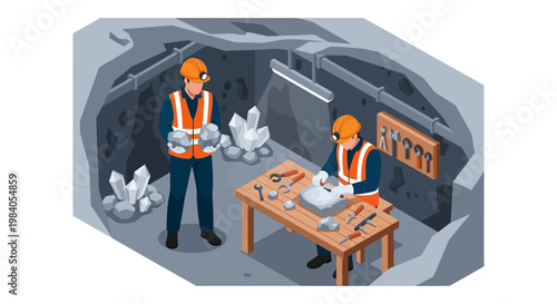Miners in a cave examining and processing crystals and minerals with tools on a workbench.