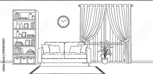 Black and white sketch of a cozy living room interior with furniture and decor elements