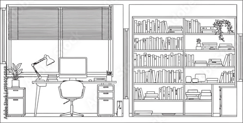 Architectural blueprint of a home office with a desk chair bookshelves and window treatments