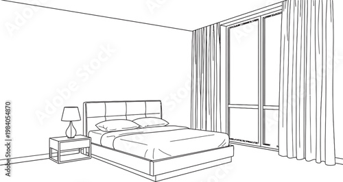 Sketch of a minimalist bedroom interior with large windows and bed