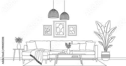 Elegant living room sketch a hand drawn interior design with furniture and plants