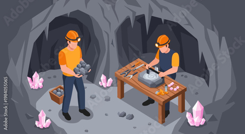 Two miners working in a crystal cave, one collecting rocks and the other processing them on a table with tools.