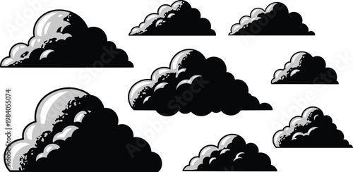 Set of dark storm clouds illustrations with white highlights on a transparent checkered background.