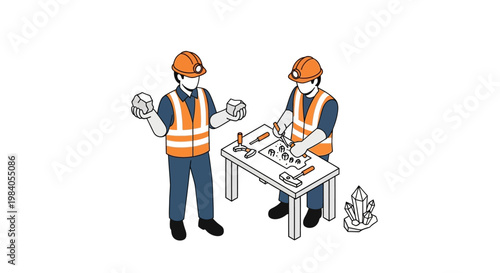 Two construction workers in hard hats and safety vests are working on a table with tools and materials, one holding rocks.