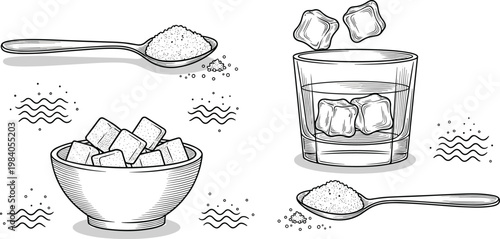 Set of illustrations depicting sugar and ice cubes, including spoons of sugar, bowls of ice, and glass with ice.