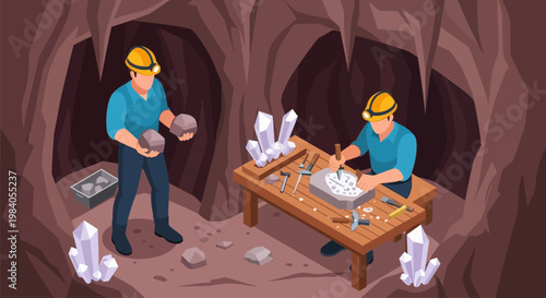Two miners in a cave, one holding rocks and the other carving crystals on a wooden table with tools.