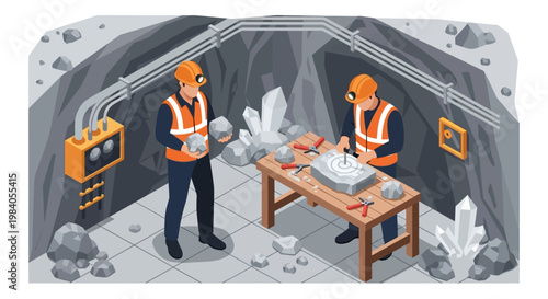 Two miners in hard hats and safety vests are working inside a mine, one holding rocks and the other carving a crystal.