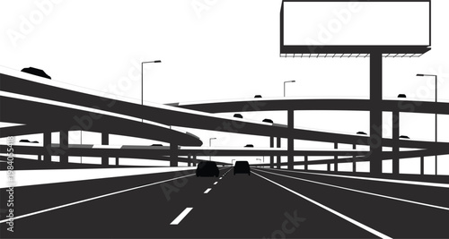 Urban highway overpass vector illustration with cars and layered bridges, modern city infrastructure perspective design detailed