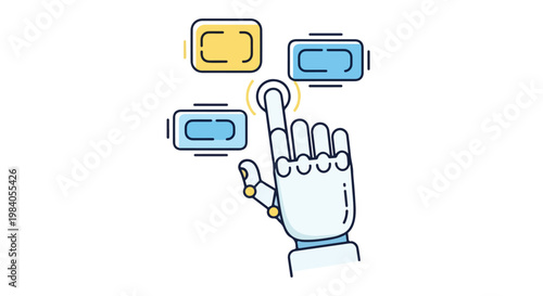 A robotic hand interacts with floating smartphone icons in a minimalist blue and yellow line drawing with a clean white background.