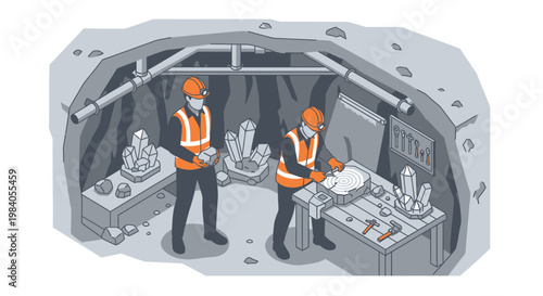 Two miners in a mine shaft carefully examining and working with large crystals and geological samples.