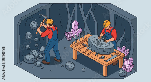 Miners working in a dimly lit cave, one extracting rocks with a pickaxe and the other carving a large stone on a workbench amidst glowing crystals.