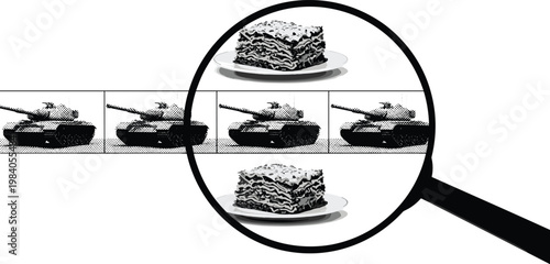 Surreal digital collage featuring military tanks and slices of lasagna under magnifying glass for creative concept design.