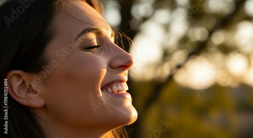Young woman smiling outdoors in summer portrait close-up with natural beauty and soft light, looking at camera with expressive eyes and gentle lips